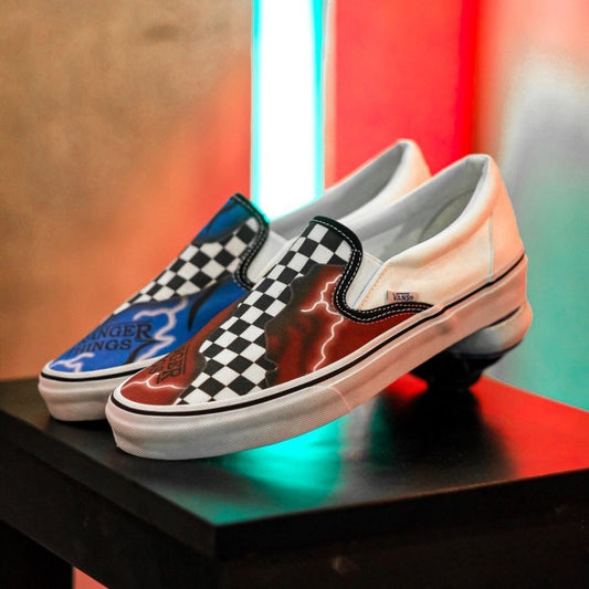 Vans Slip On Custom x Stranger Things Checkerboard Black White Blue